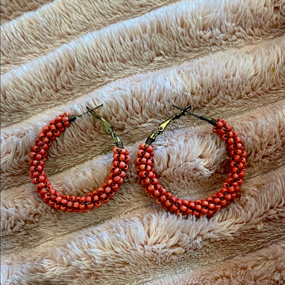 Artisanal Pink Beaded Hoop Earrings